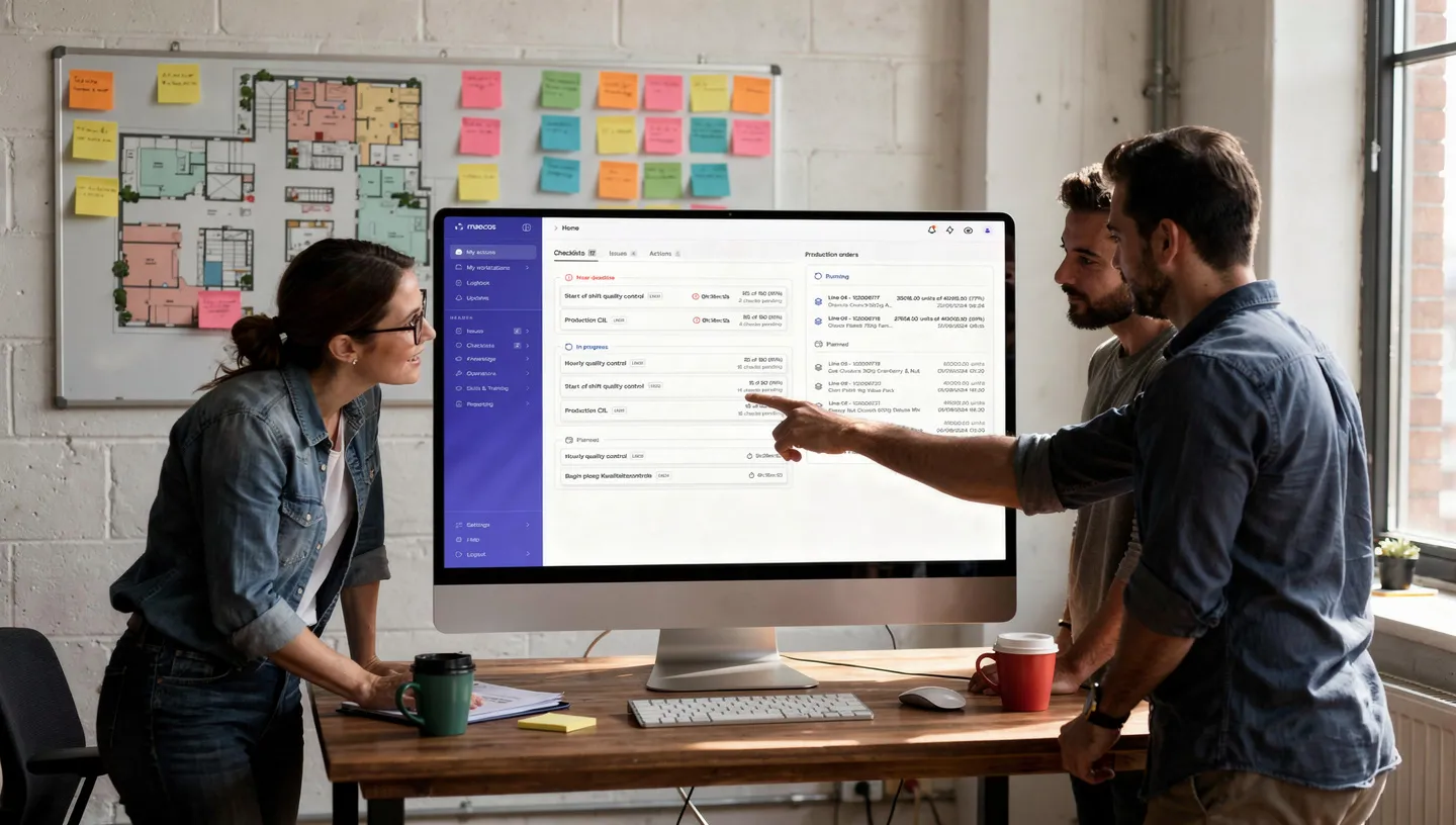 Factory floor team reviewing production data together on a digital screen