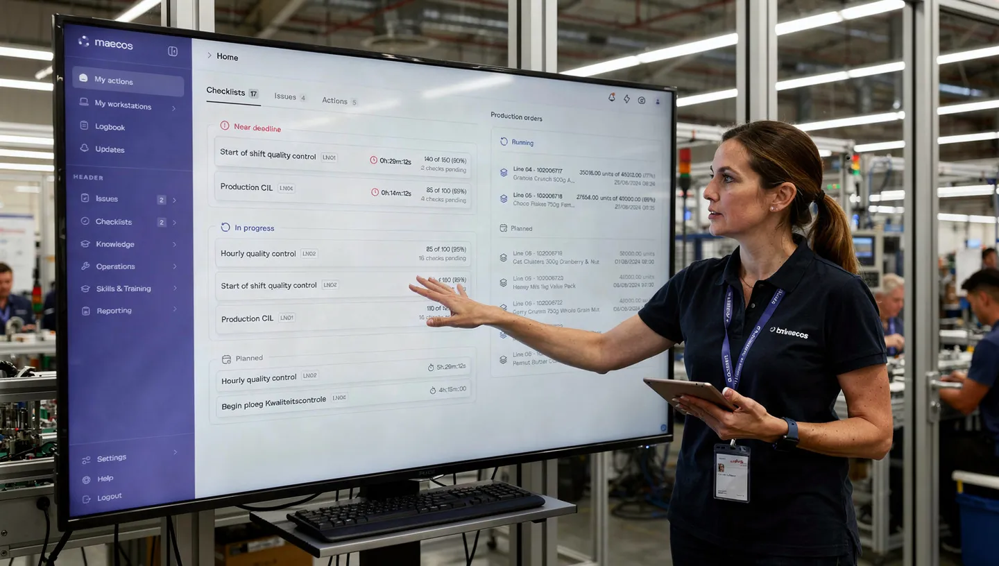 Team lead presenting the action board on a large screen in a production office