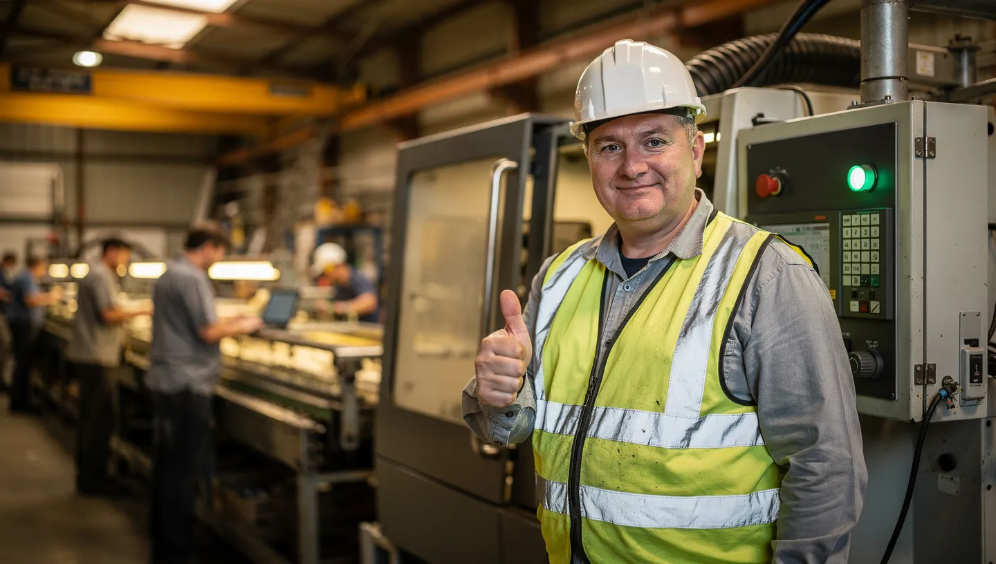 Supervisor signing off on a completed corrective action next to repaired equipment