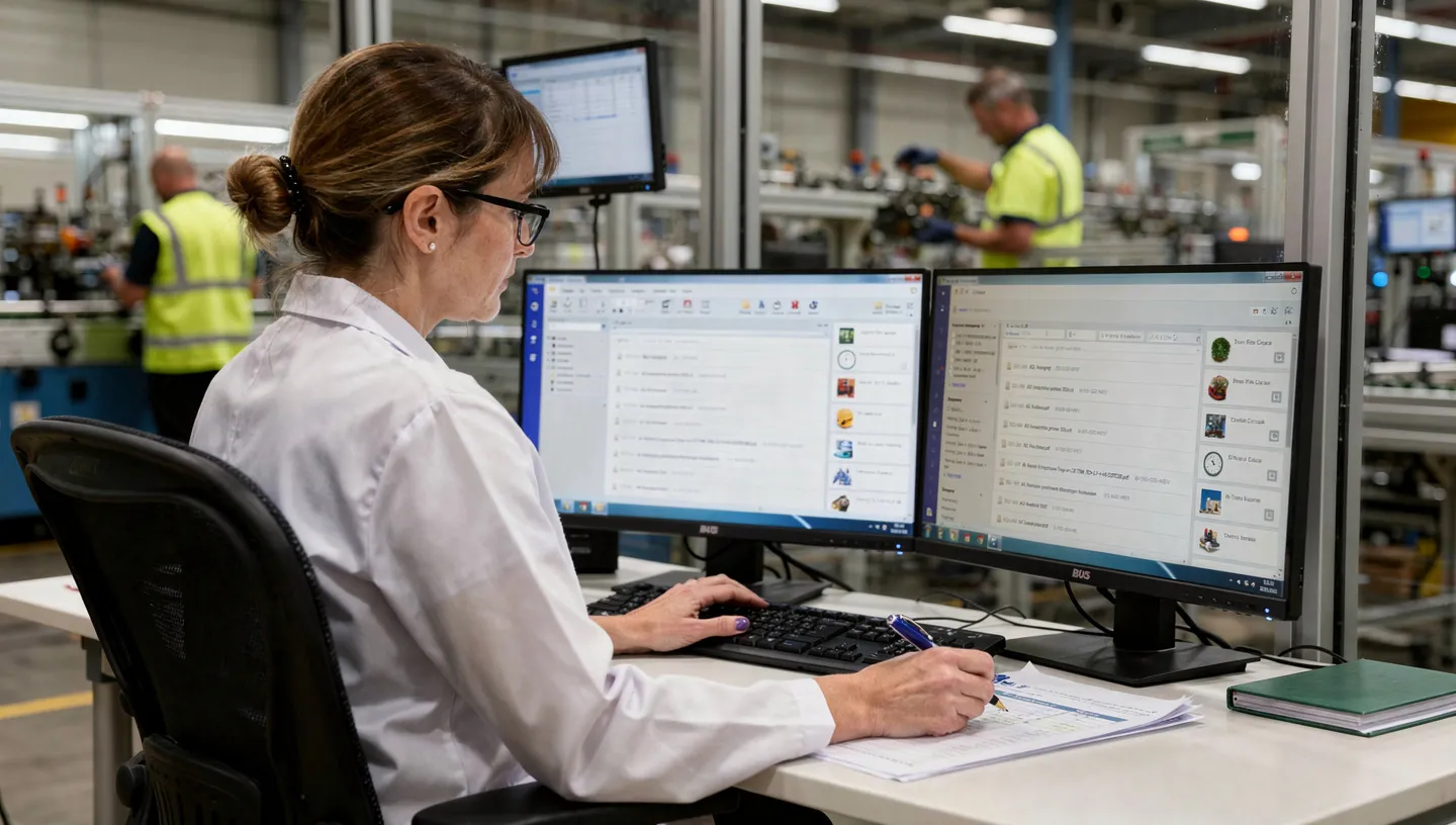 Quality manager reviewing documents on dual monitors overlooking the production floor