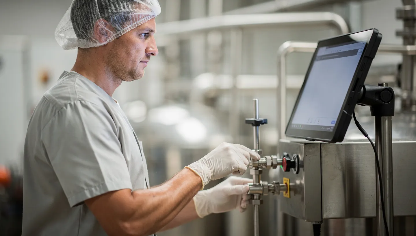 Operator following a procedure step by step on a mounted tablet at his workstation