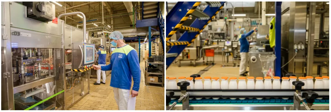 Two views of a modern Belgian dairy and plant-based food production line, with an operator near stainless process equipment on the left and a packaging line on the right