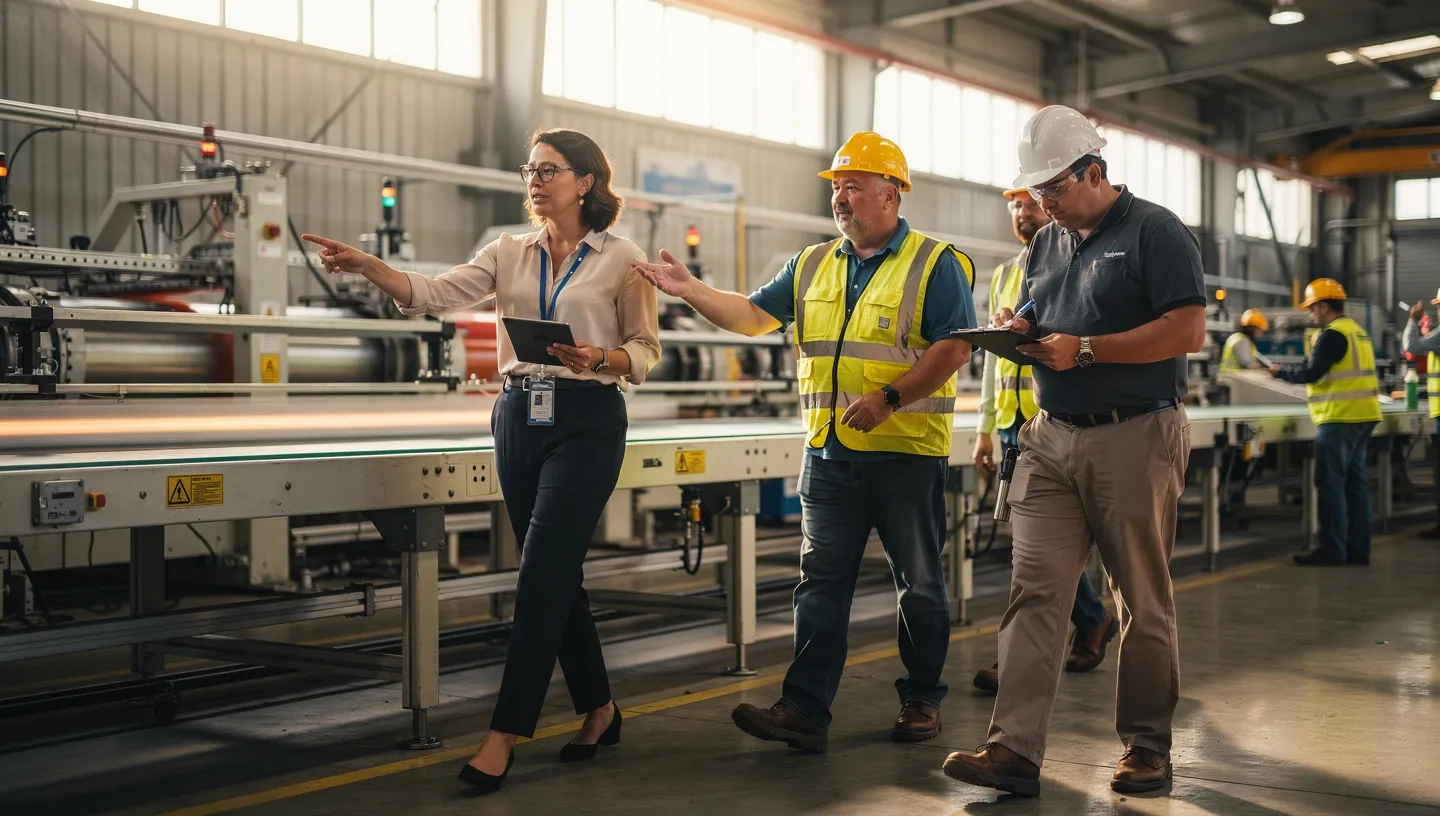 Cross-functional team conducting a Gemba walk on the production floor