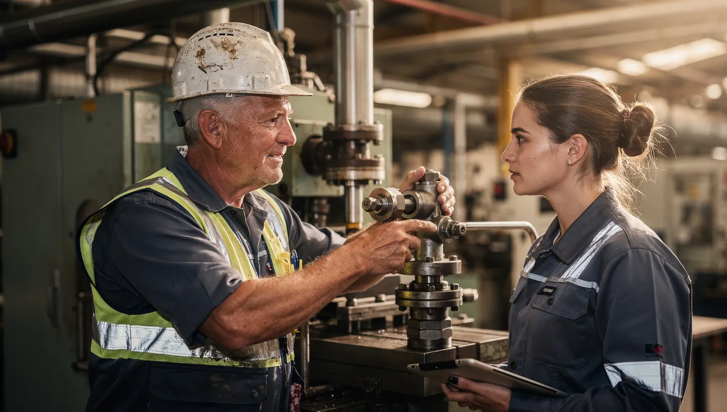 Experienced operator sharing machine knowledge with a younger colleague on the production floor