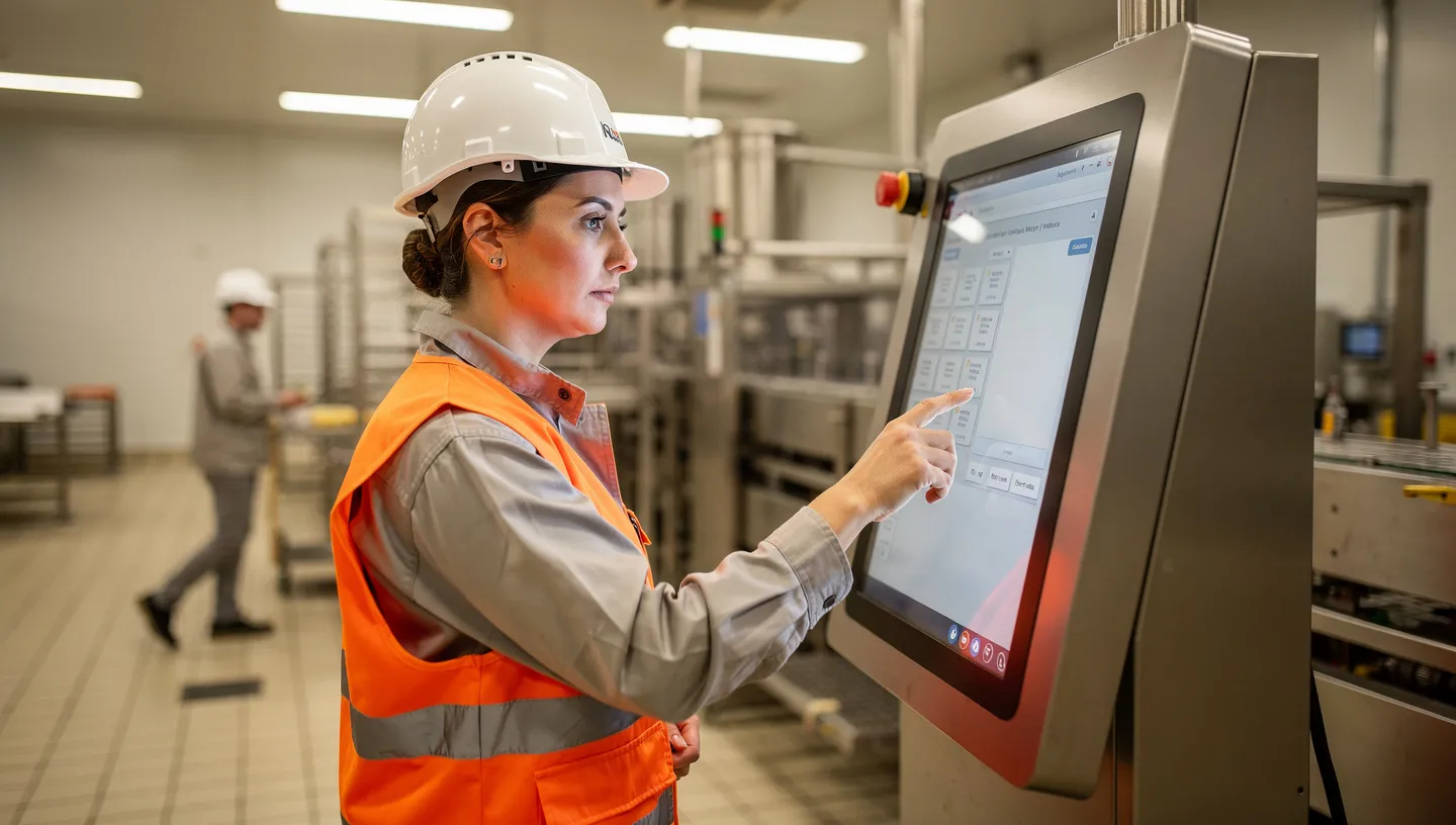 Operator confidently using a single touchscreen interface on a food production line