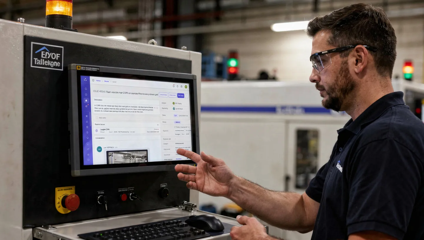 Quality technician documenting an issue on a tablet near a production line