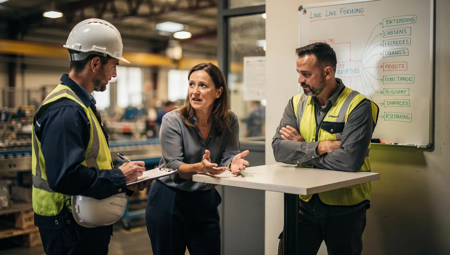 Cross-functional team conducting a root cause investigation on the production floor