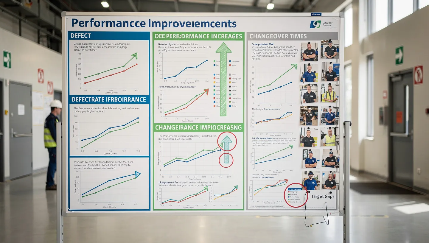 Team member reviewing continuous improvement metrics dashboard showing trends and completed improvements