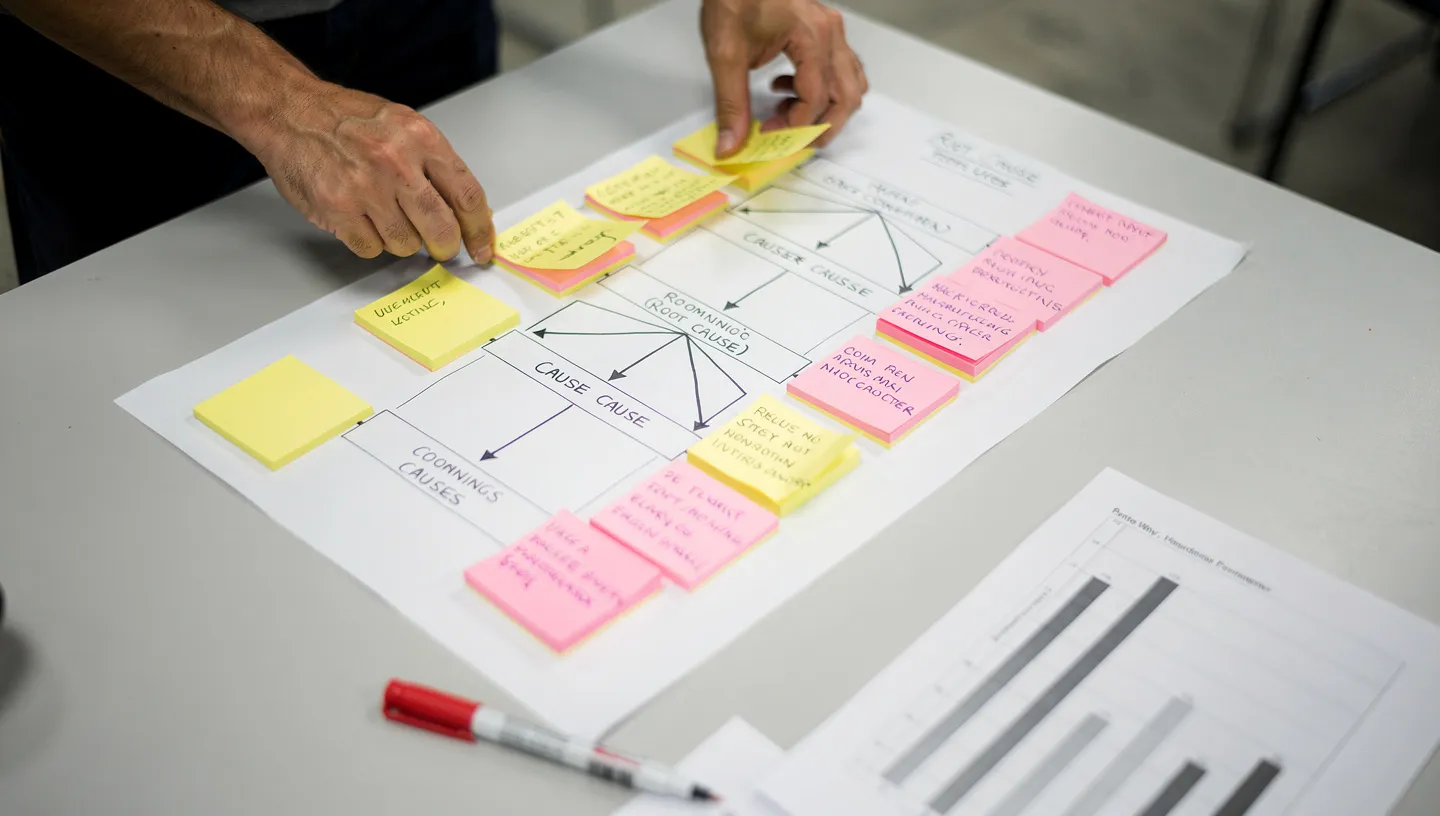 Operator and engineer reviewing a problem-solving worksheet with charts and fishbone diagram