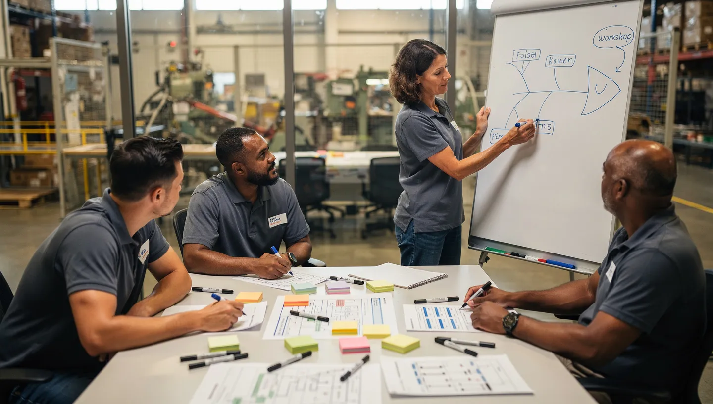 Kaizen workshop with team members reviewing process maps and improvement ideas on the wall