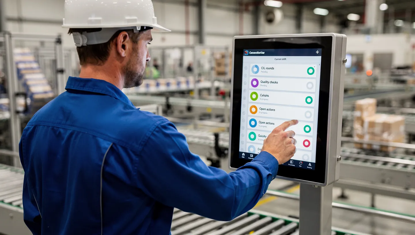 Mobile dashboard displaying real-time production tasks, performance metrics, and digital work instructions