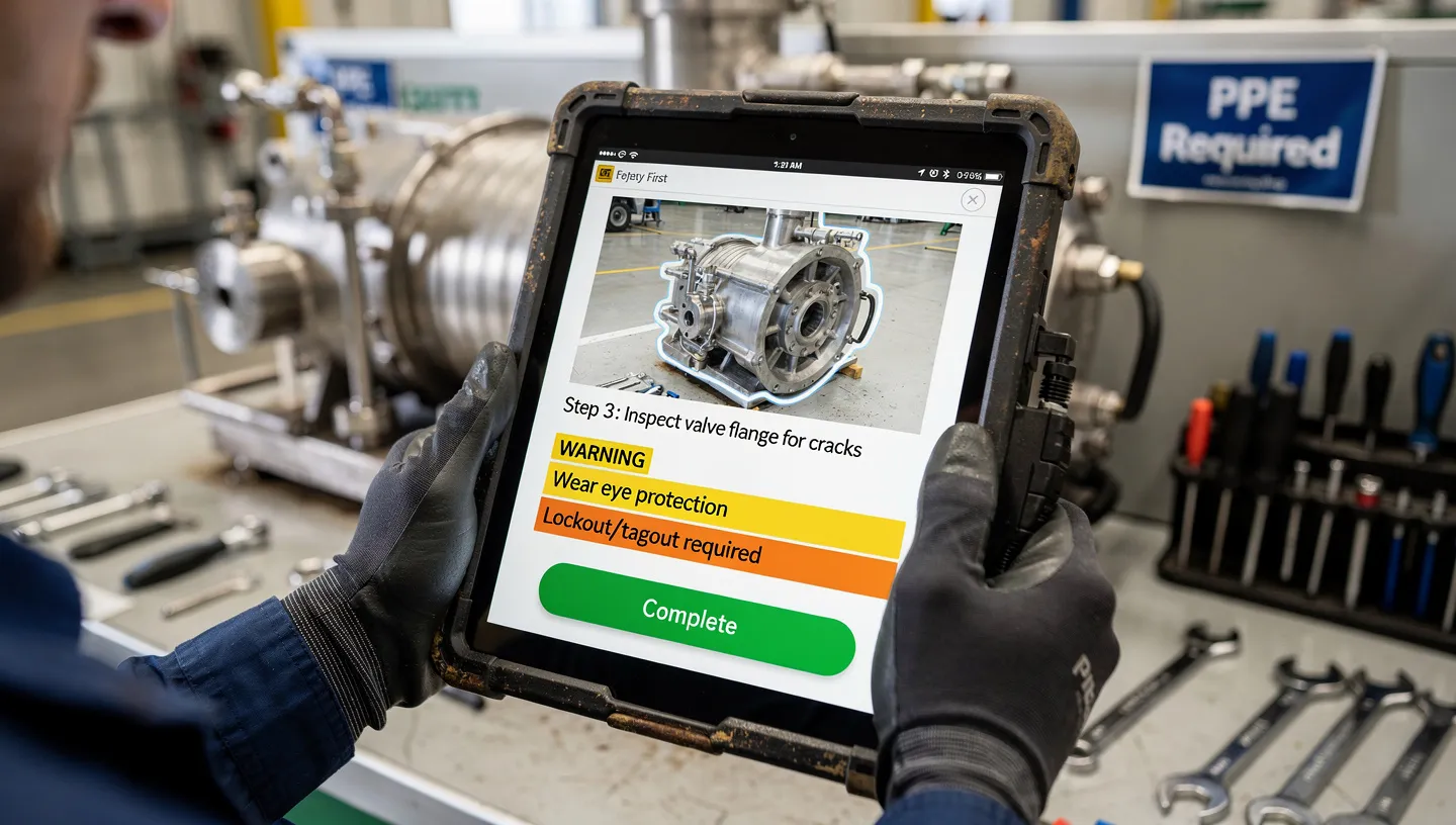Operator viewing digital work instructions with step-by-step guidance, safety alerts, and quality checkpoints on a tablet at the workstation