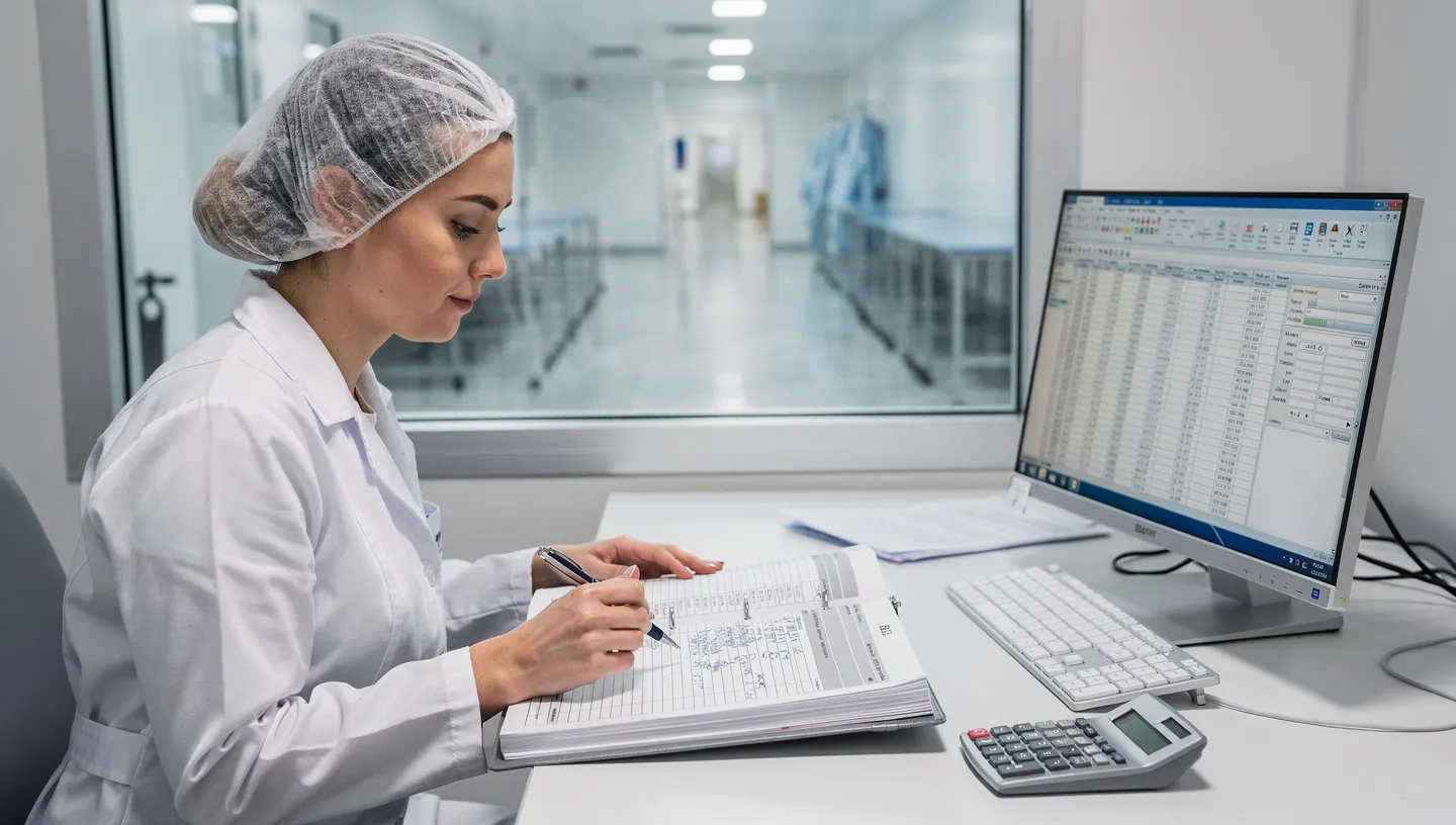 Technician reviewing batch record documentation and quality control data in a GMP facility