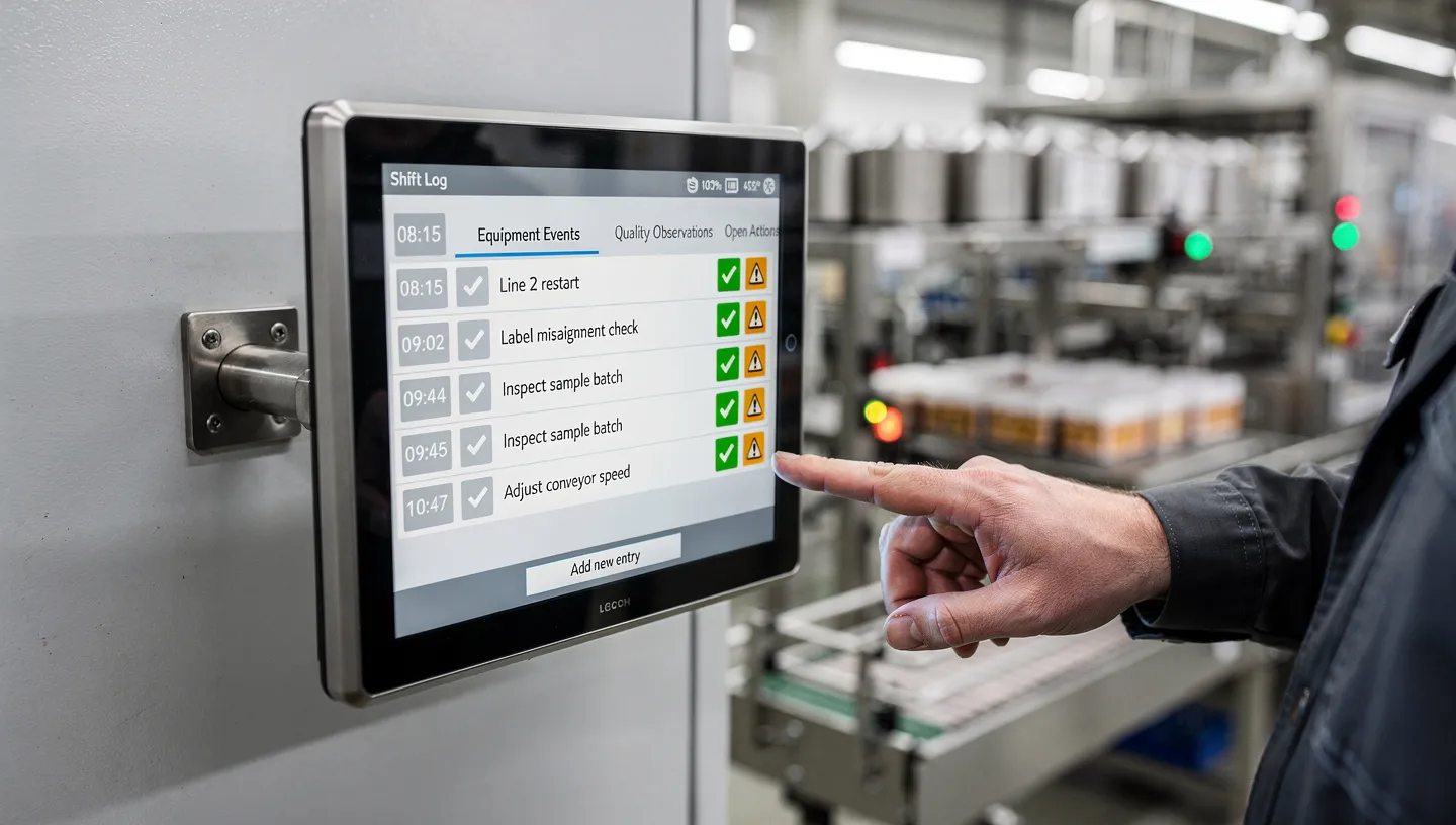 Digital shift log interface showing equipment status and open issues