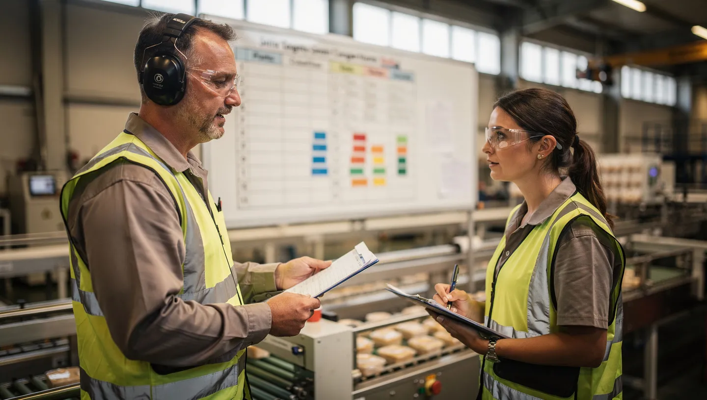 Two operators reviewing production information during shift changeover