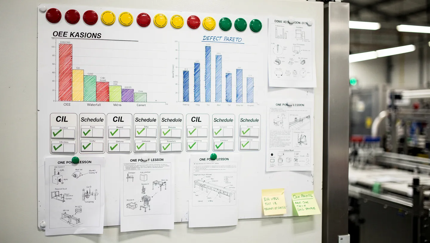 Visual management board with performance charts, defect tracking, and CIL schedules