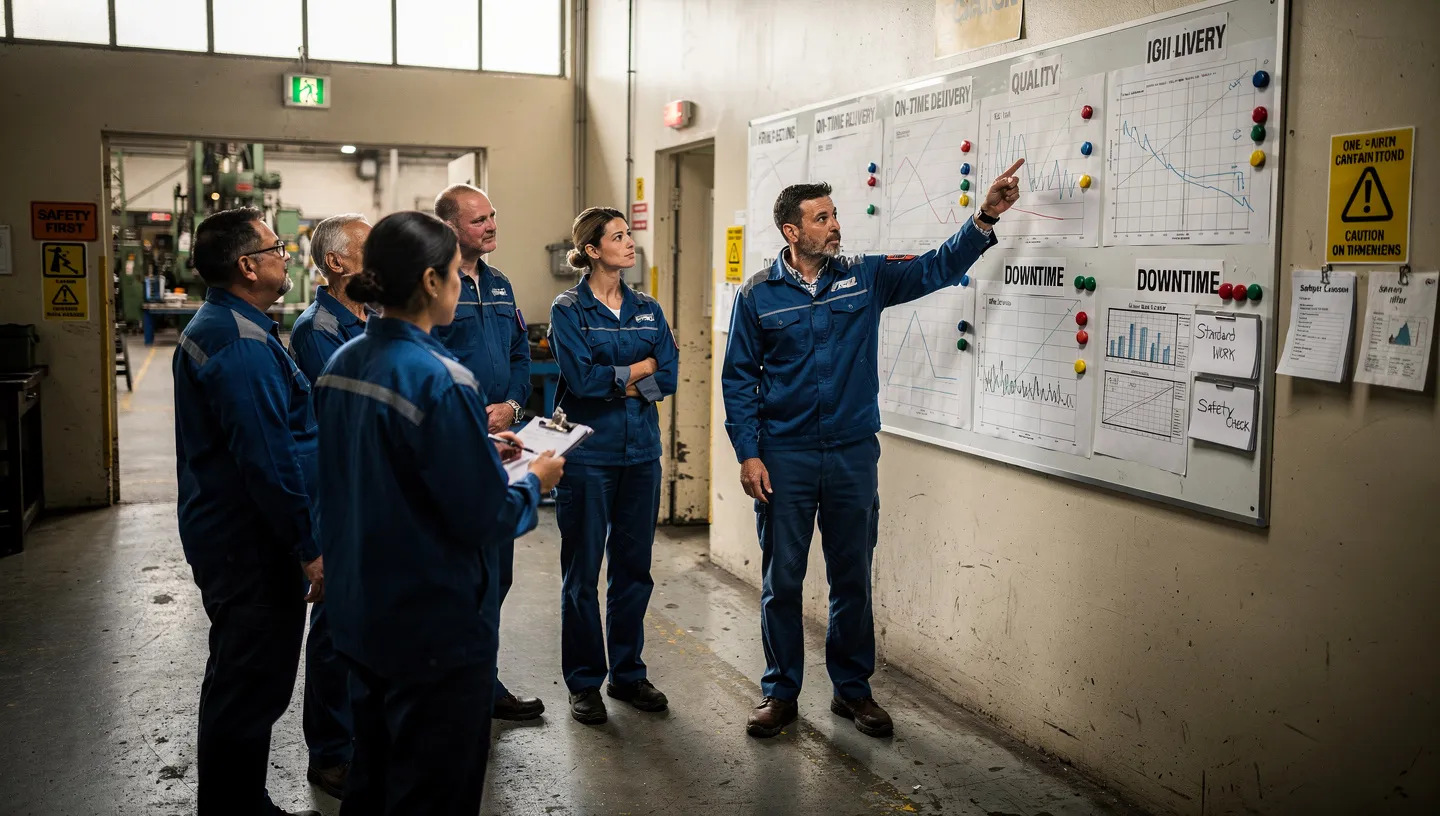 Production team during a daily direction setting meeting at a performance board