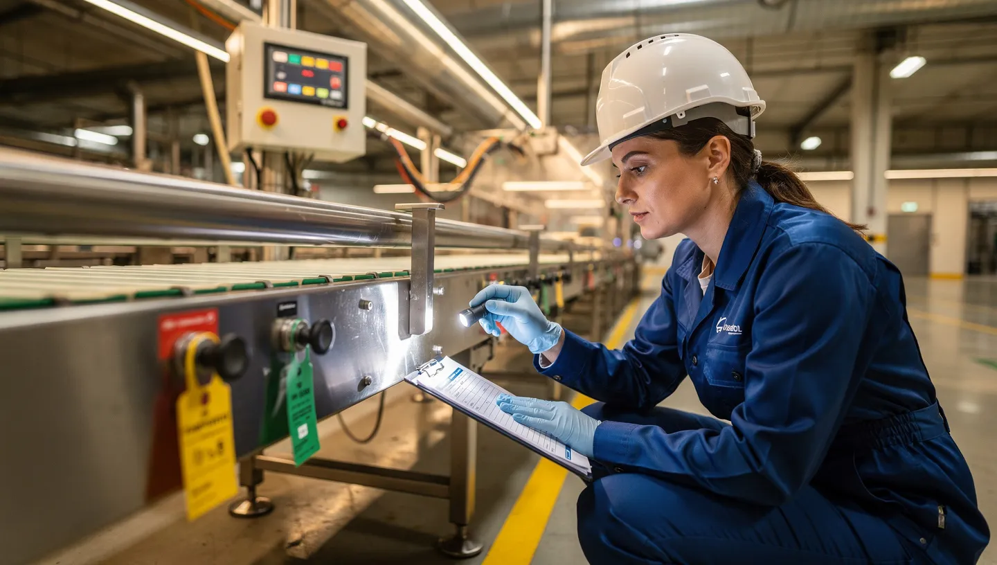 Operator inspecting equipment on a clean production line