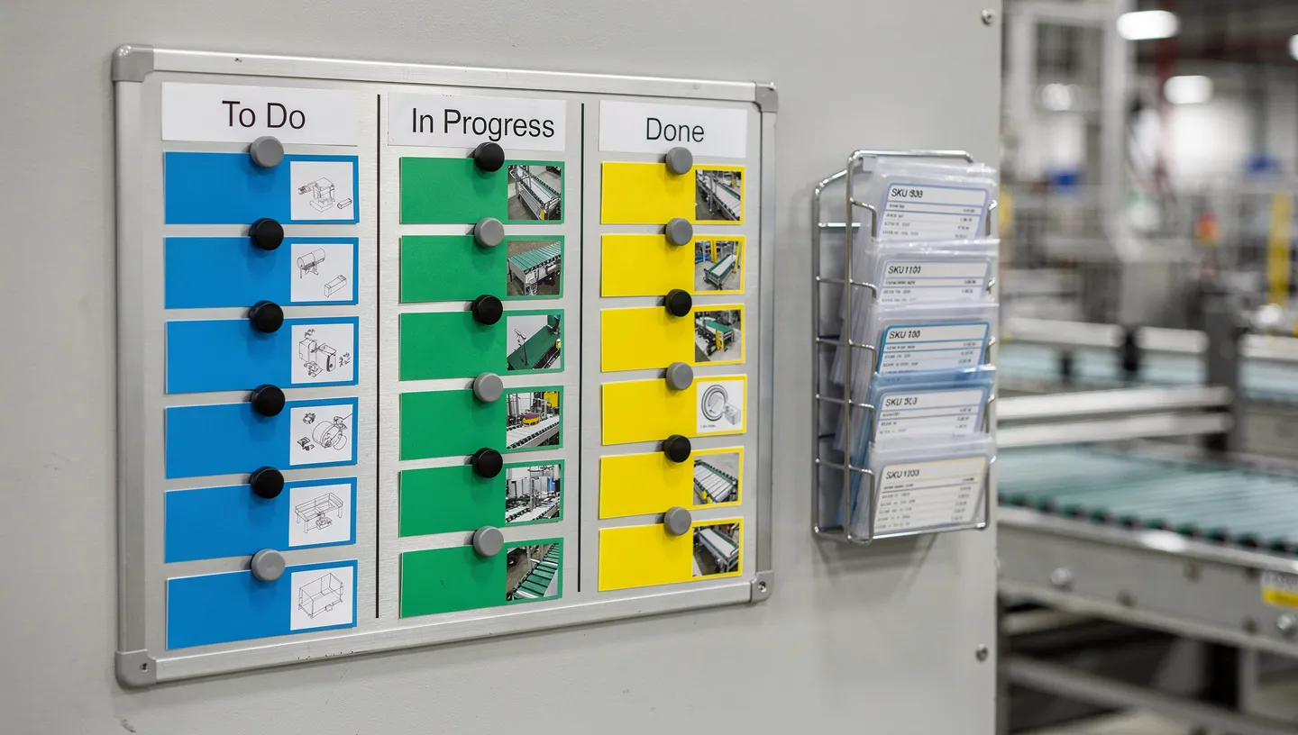 Kanban board on a factory floor with color-coded cards showing work status and material levels