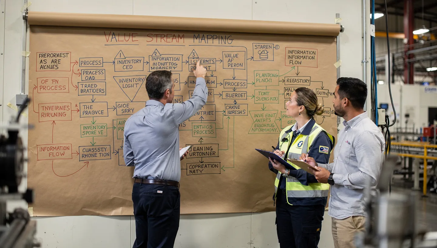 Lean workshop with team members reviewing a value stream map on a large whiteboard