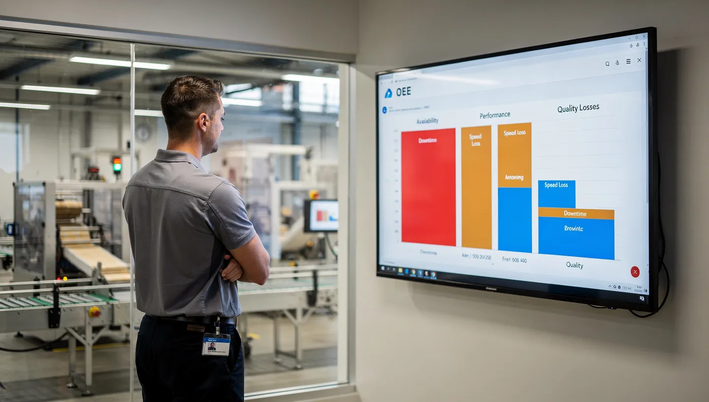 Production dashboard showing OEE breakdown with availability, performance, and quality metrics