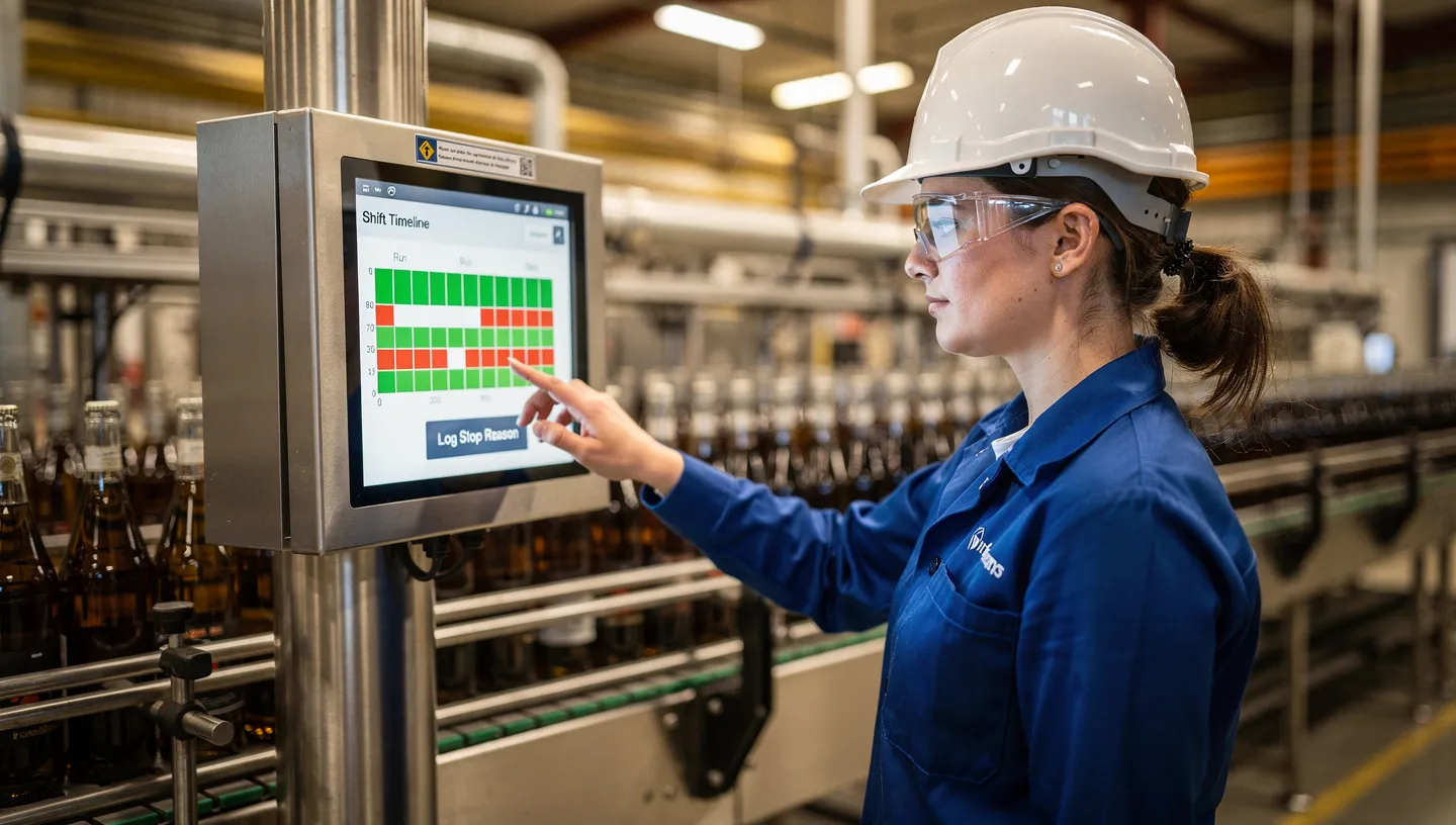 Operator reviewing performance data on a screen next to a production line