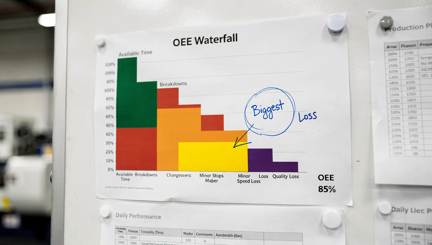Close-up of a printed OEE waterfall chart showing loss categories with coloured bars