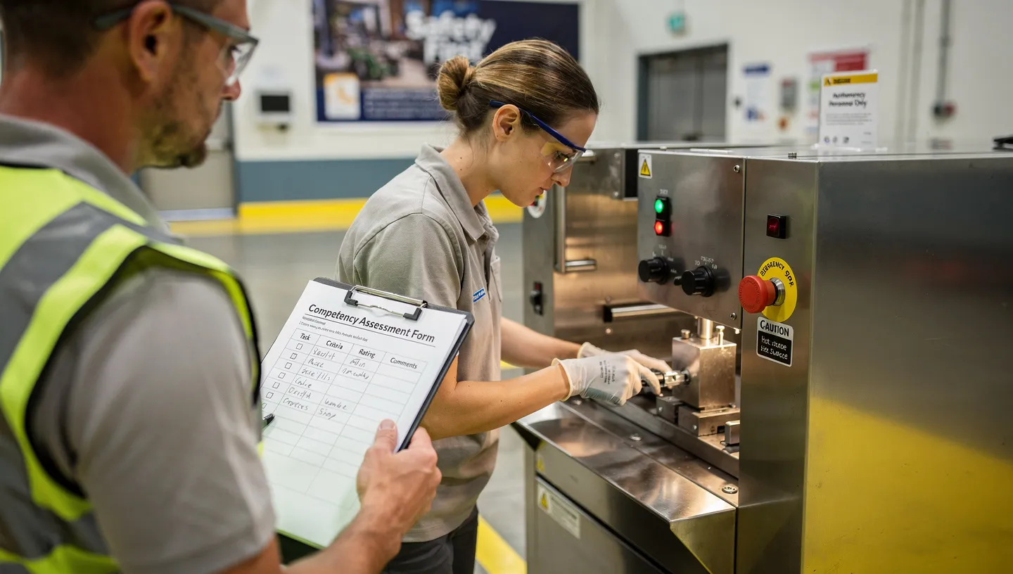 Supervisor conducting a skills assessment, observing an operator performing a task