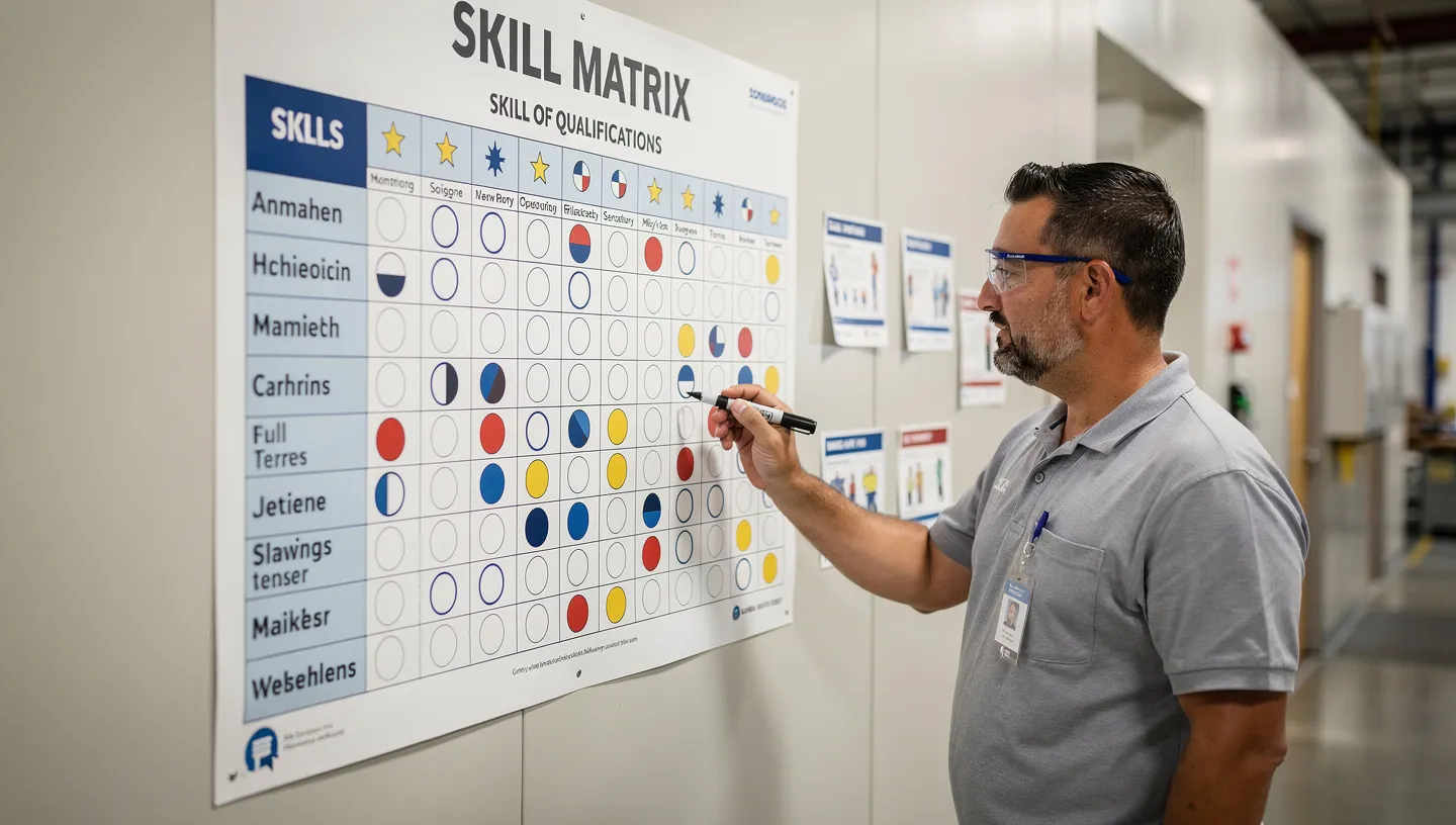 Skill matrix chart showing competency levels across equipment types and operator roles