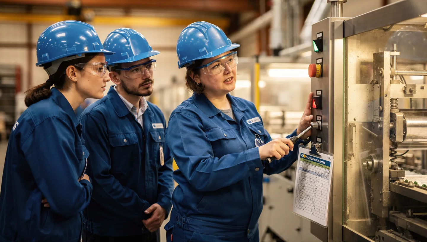 Trainer and operator working together at a machine, demonstrating hands-on training
