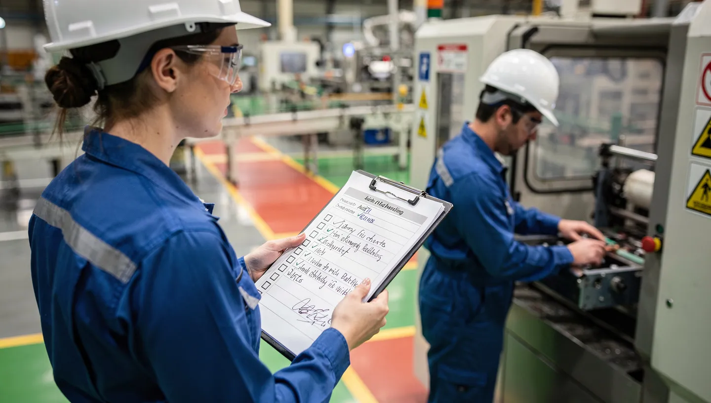 Team leader conducting a gemba walk, reviewing a standard work poster with an operator on the production floor