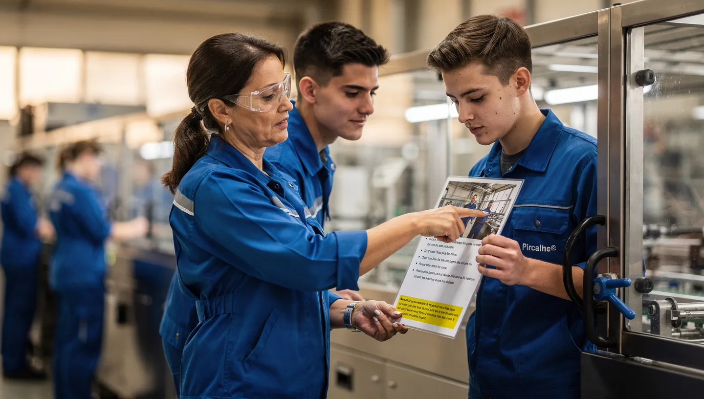 Trainer observing an operator performing a task with a work instruction visible at the workstation