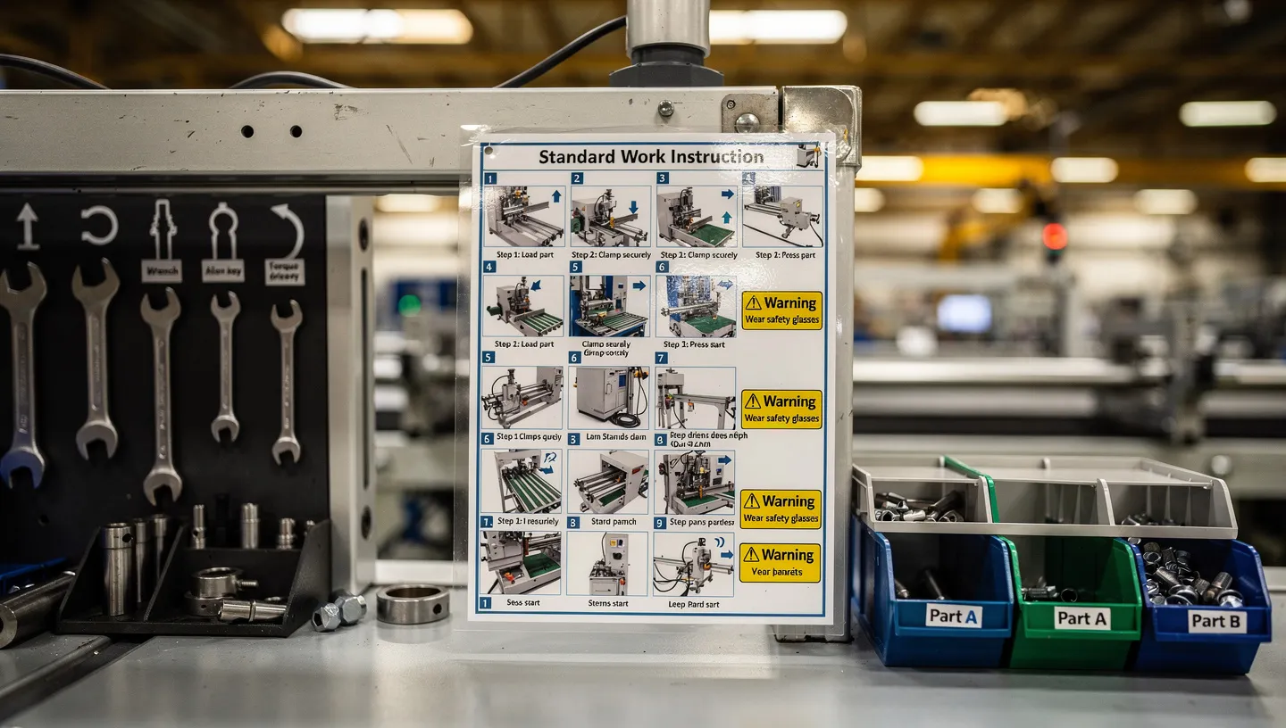 Operator referring to a laminated work instruction card mounted at an assembly workstation