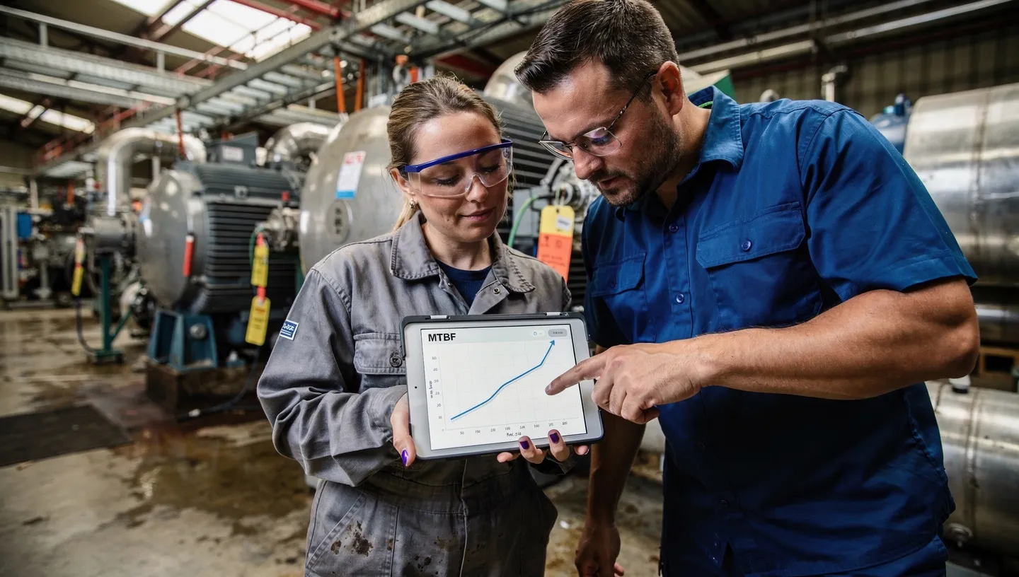 Dashboard displaying TPM metrics including MTBF, MTTR, OEE, and maintenance completion rates