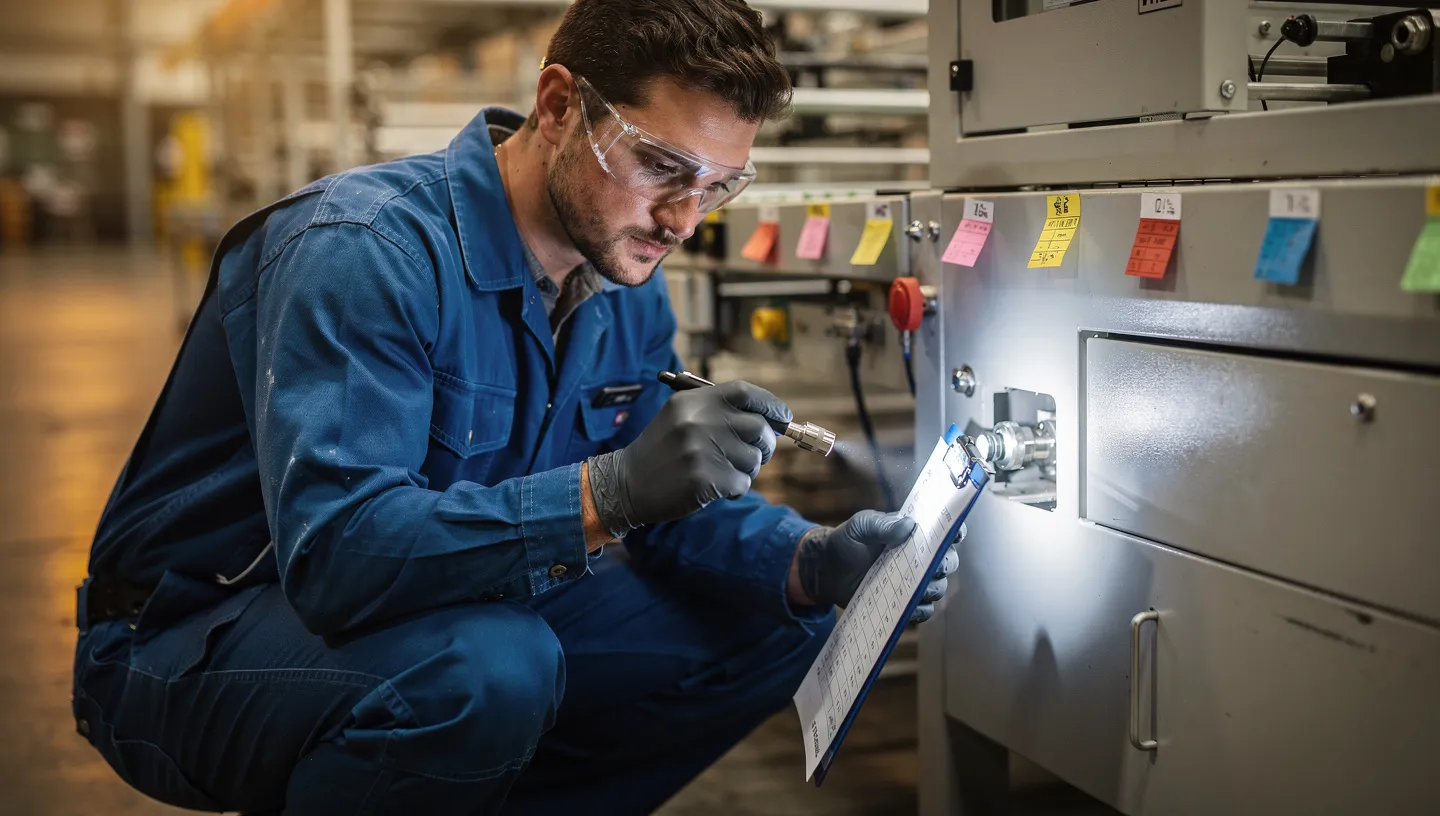 Operator performing preventive maintenance inspection and cleaning on production equipment
