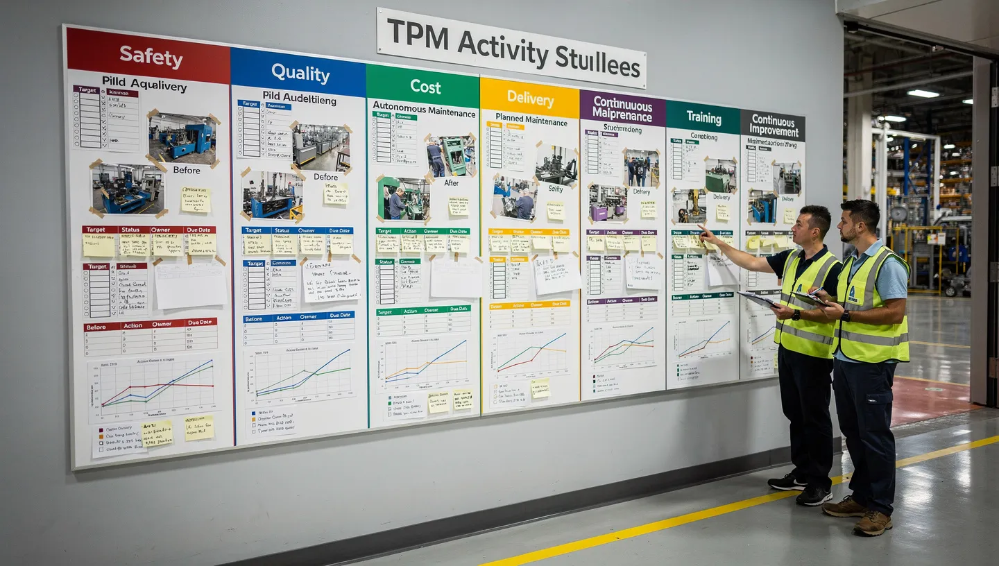 Diagram showing the eight pillars of TPM supporting overall equipment health and production performance
