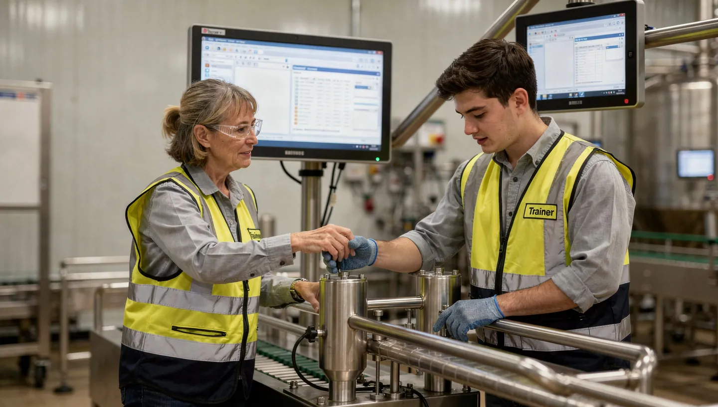 Senior operator guiding a new team member through on-the-job training at a pharmaceutical production line