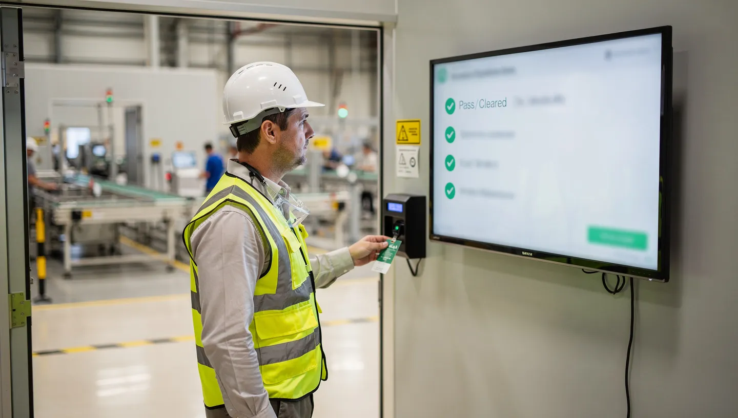 Operator checking their qualification status on a wall-mounted screen before starting a procedure