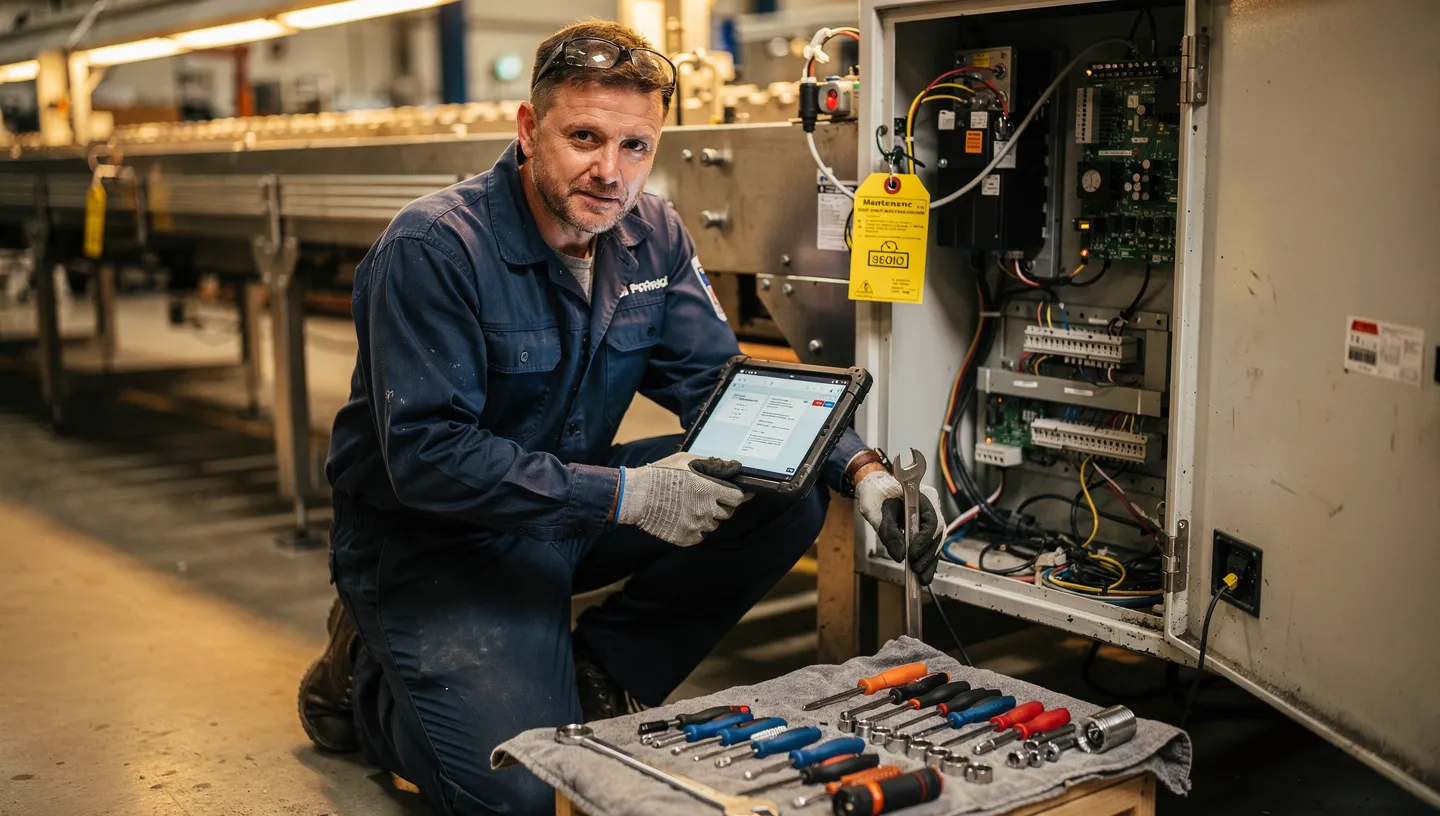 Maintenance technician using Maecos on a tablet while working on production equipment