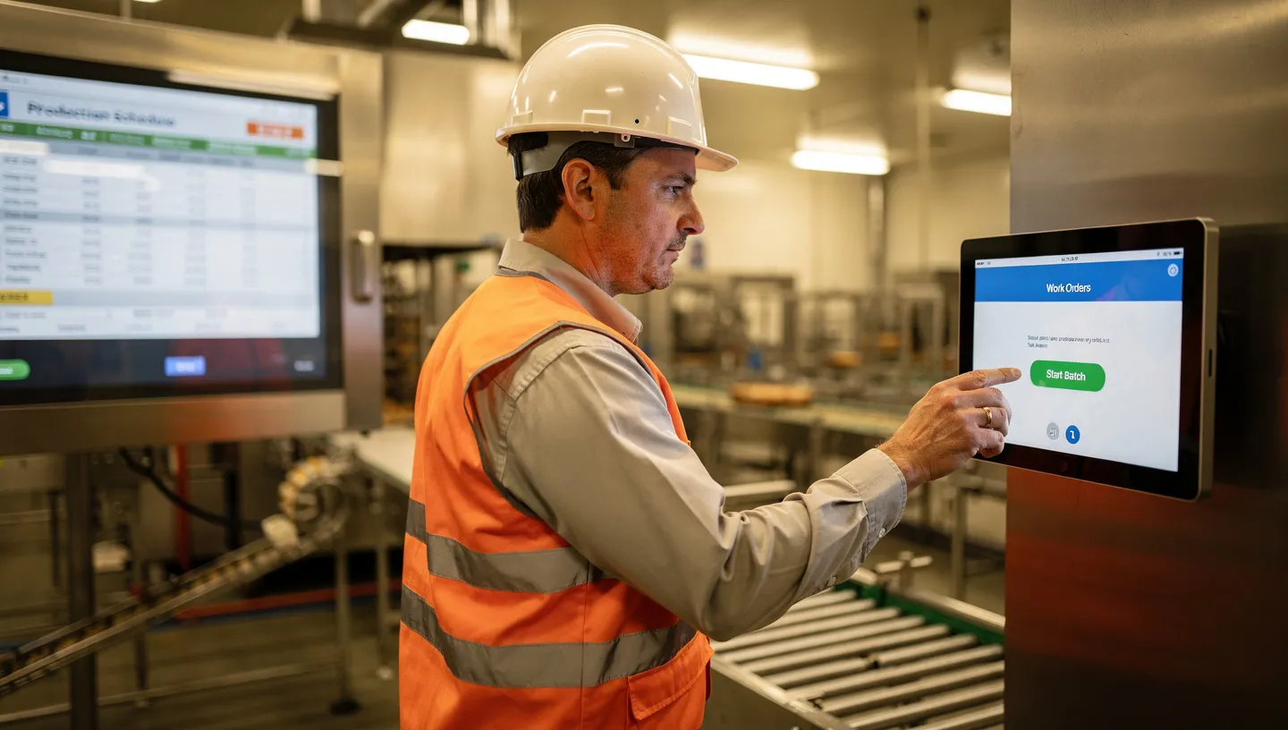 Operator using Maecos on a tablet while standing next to MES-controlled production equipment