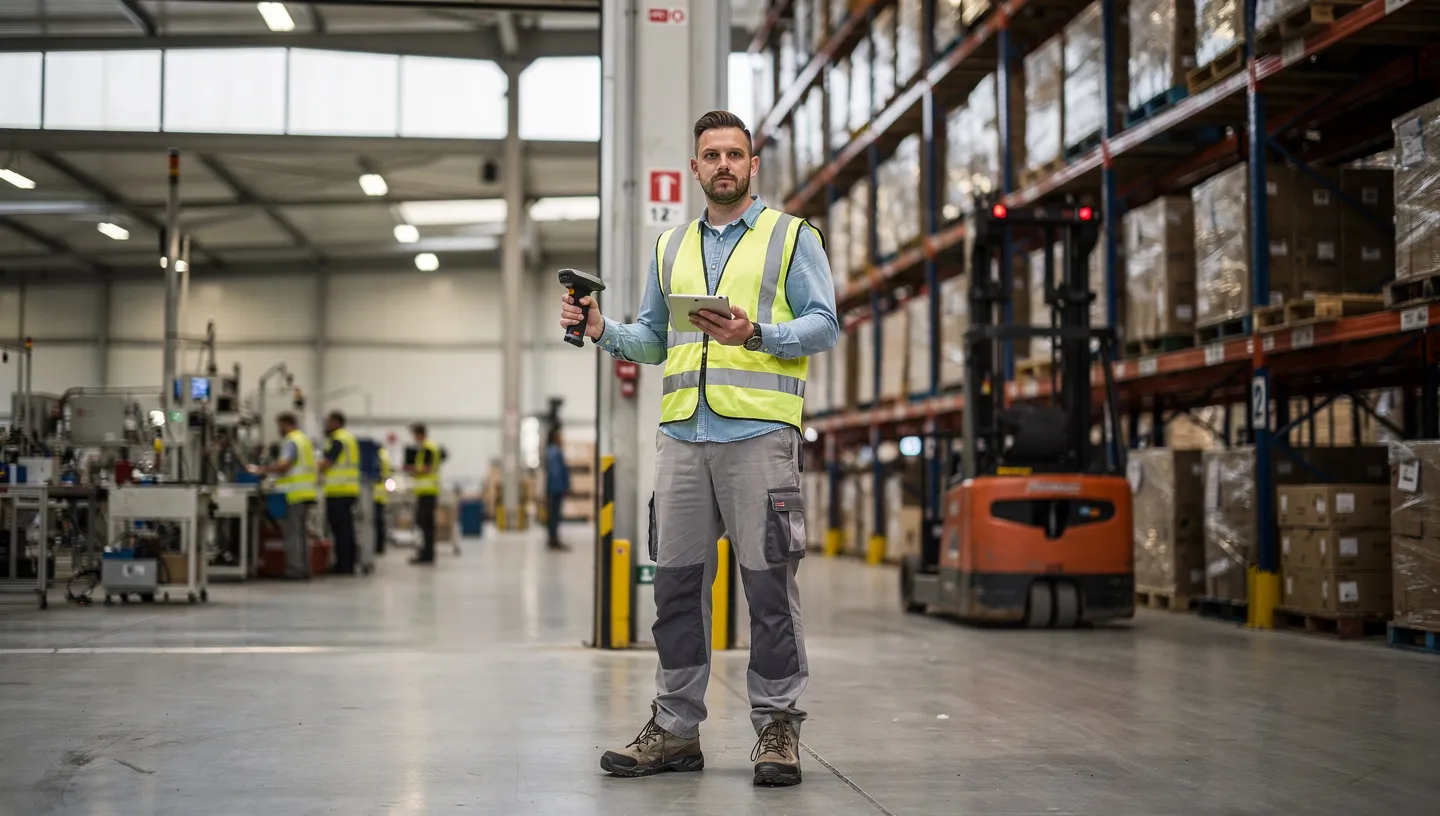 Warehouse operator at the boundary between warehouse racking and production area