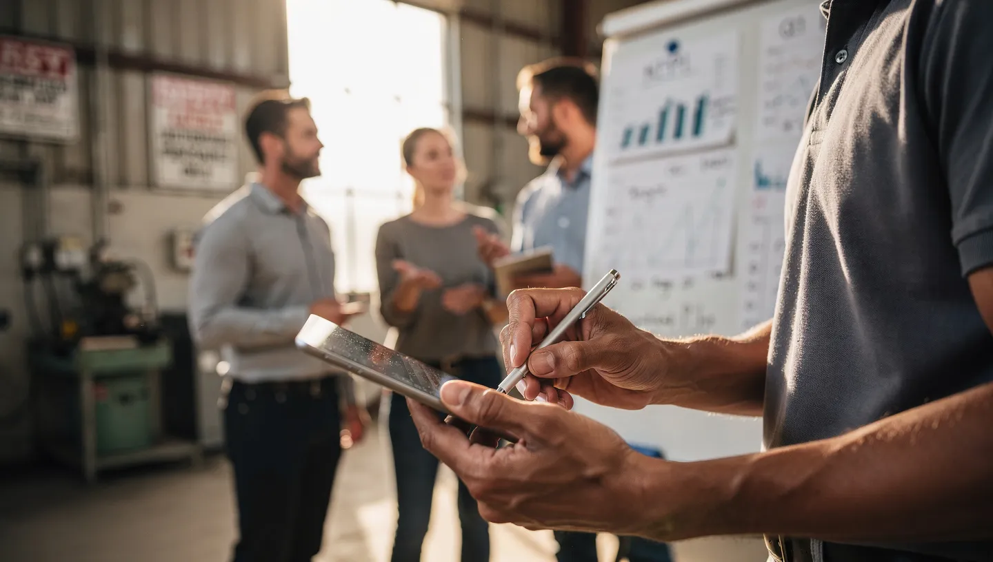 Team lead capturing an action item on a tablet during a stand-up meeting