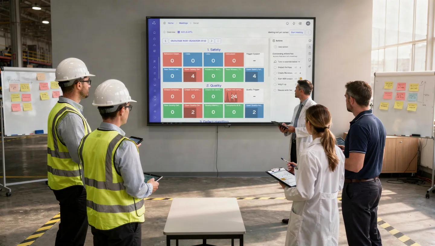 Production team standing around a KPI dashboard during a Tier 1 meeting