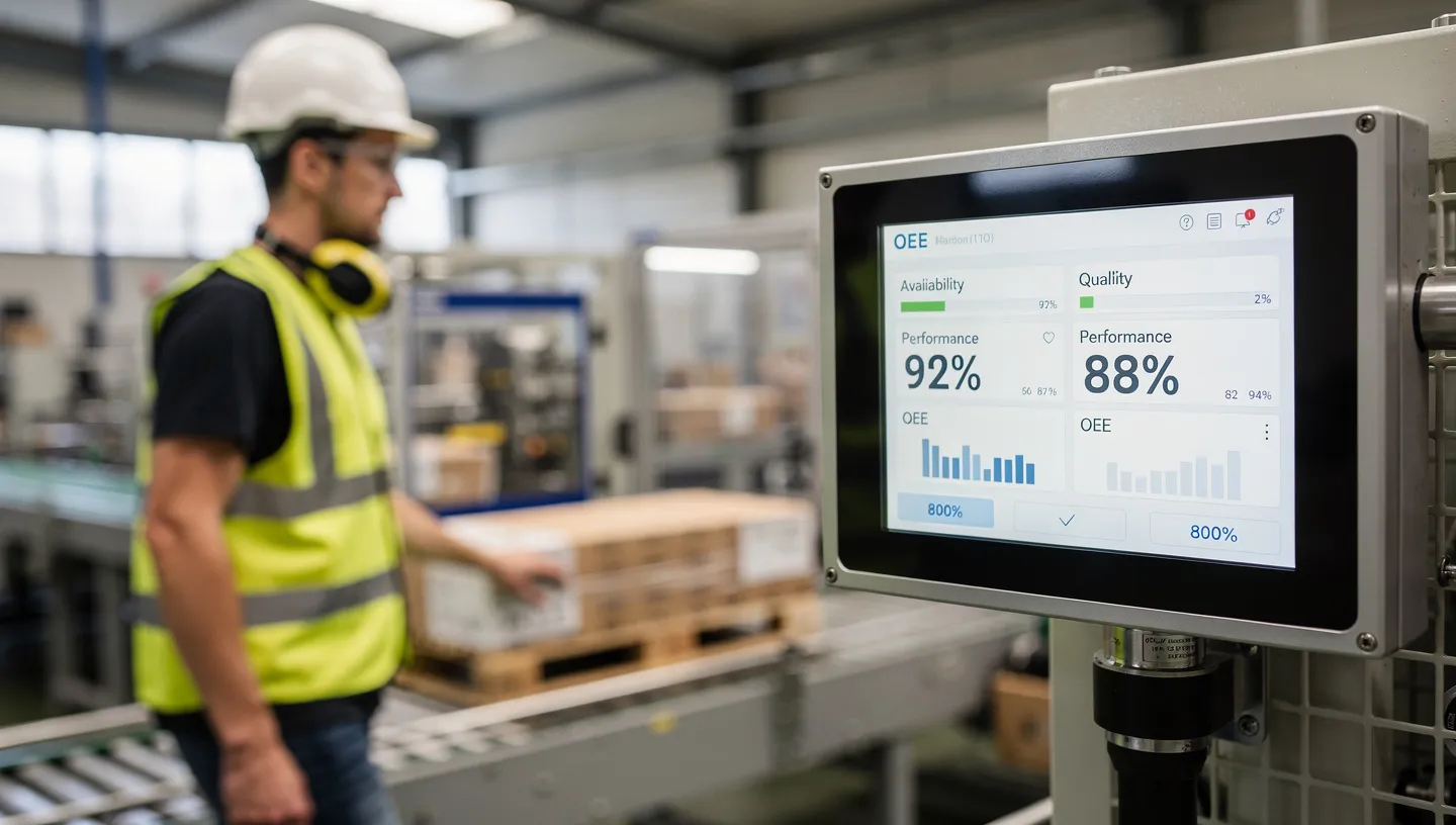 Operator glancing at a real-time OEE display mounted on production equipment