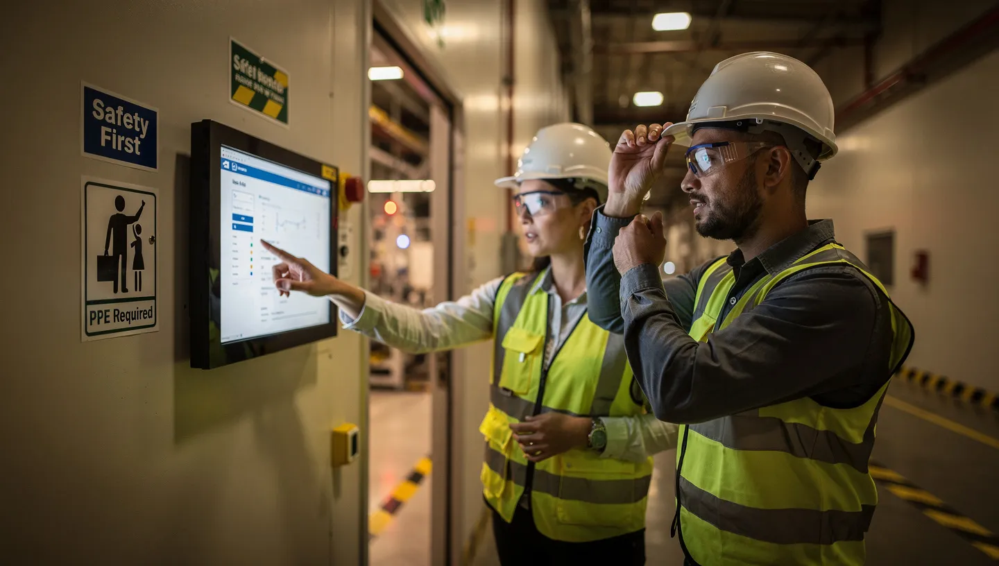 Two operators reviewing the digital shift handover on a shared screen during shift change