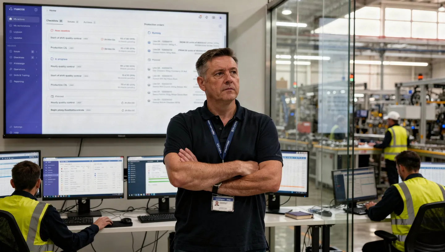 Control room operator reviewing shift data on the Maecos platform in a food manufacturing plant