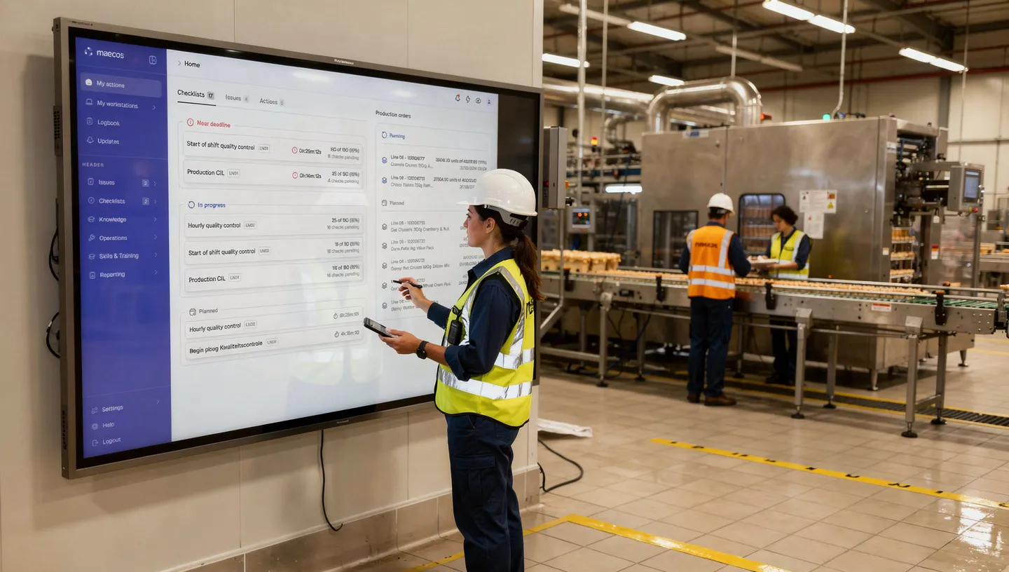 Operator using the Maecos platform on a touchscreen beside a production line