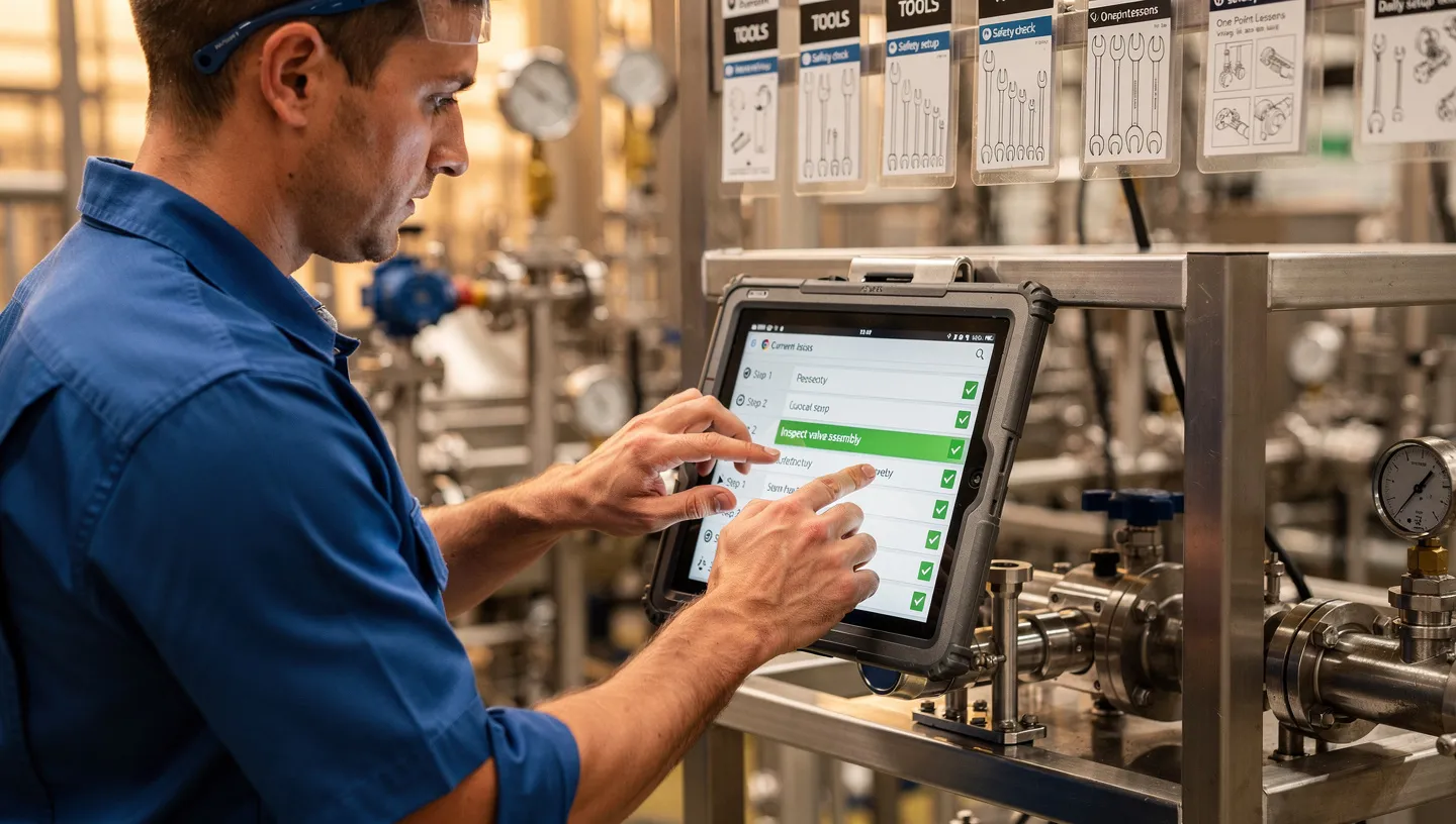 Operator completing a digital checklist on a touchscreen beside a production line
