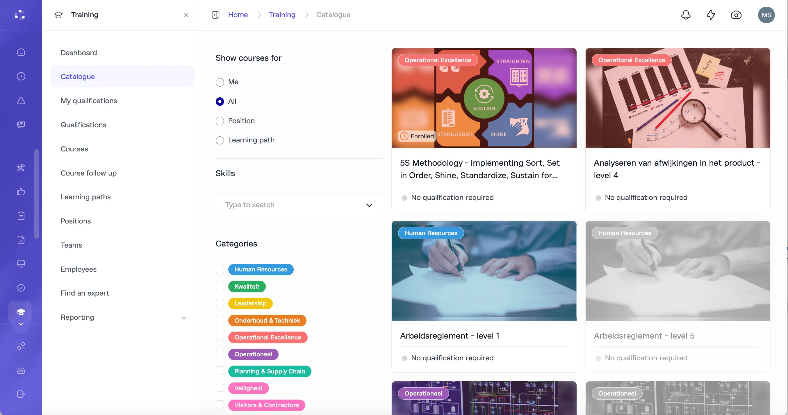Maecos LMS catalogue showing training modules including operational knowledge