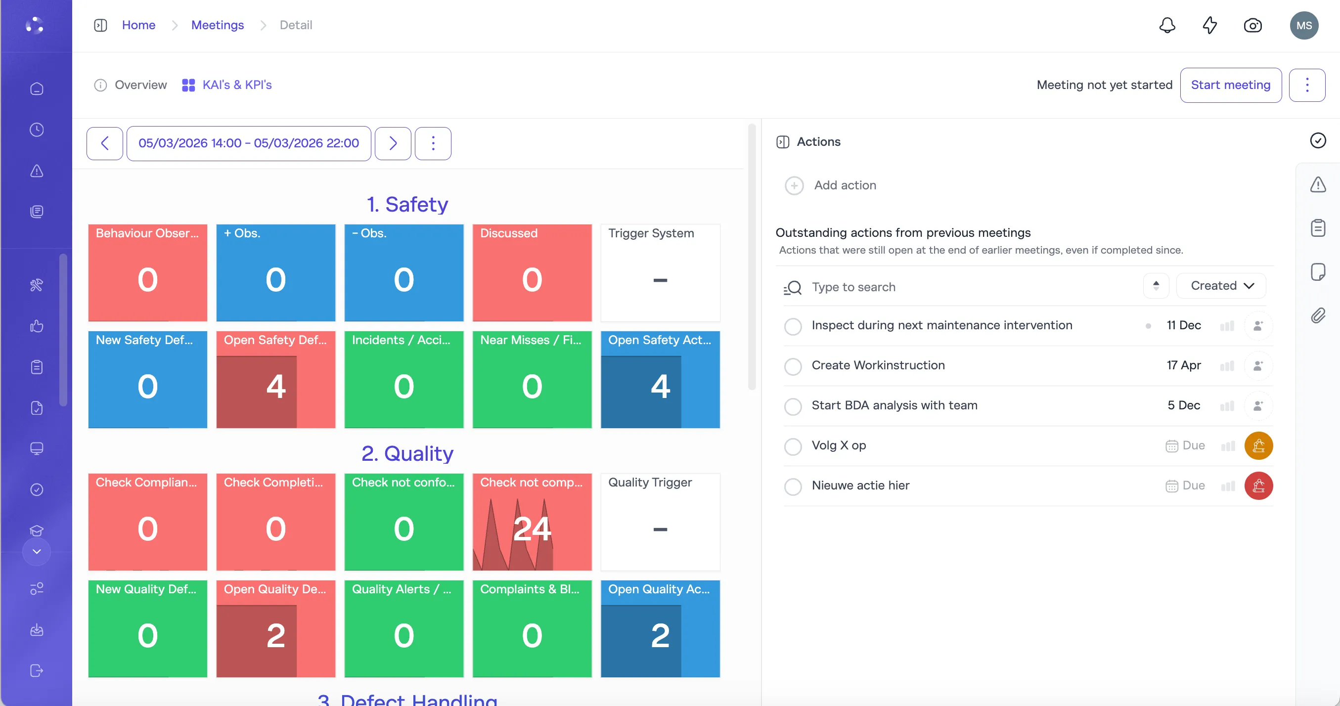 Maecos shift handover meeting with pre-populated agenda and KPIs